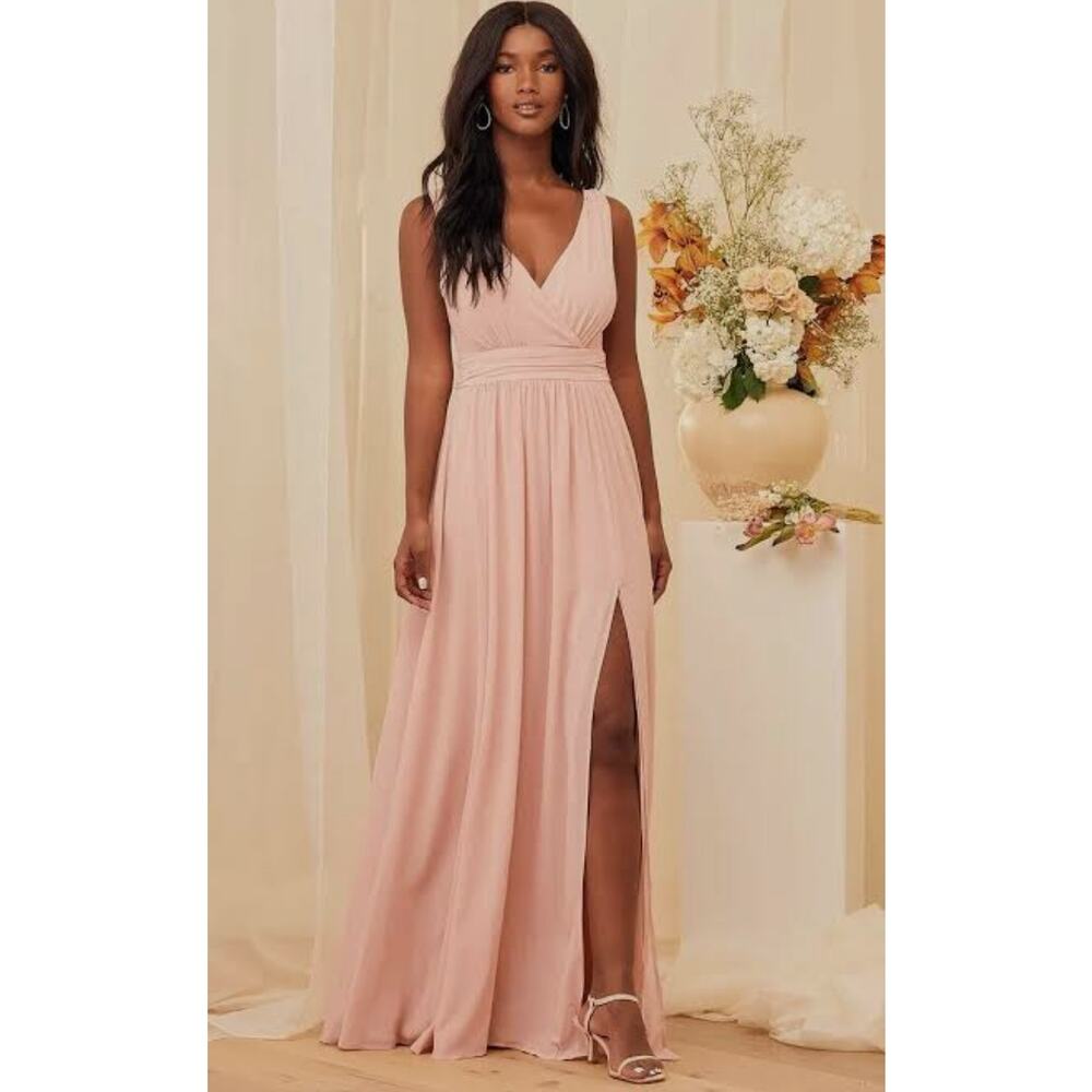 NWT Lulus Thoughts of Hue Blush Pink Maxi Dress Sz XS Surplice Prom Bridesmaid